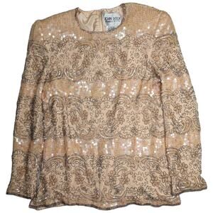 Vtg 1980s Joan Leslie Blush Pink 100% Silk Floral Bead Sequin Embellished Top M
